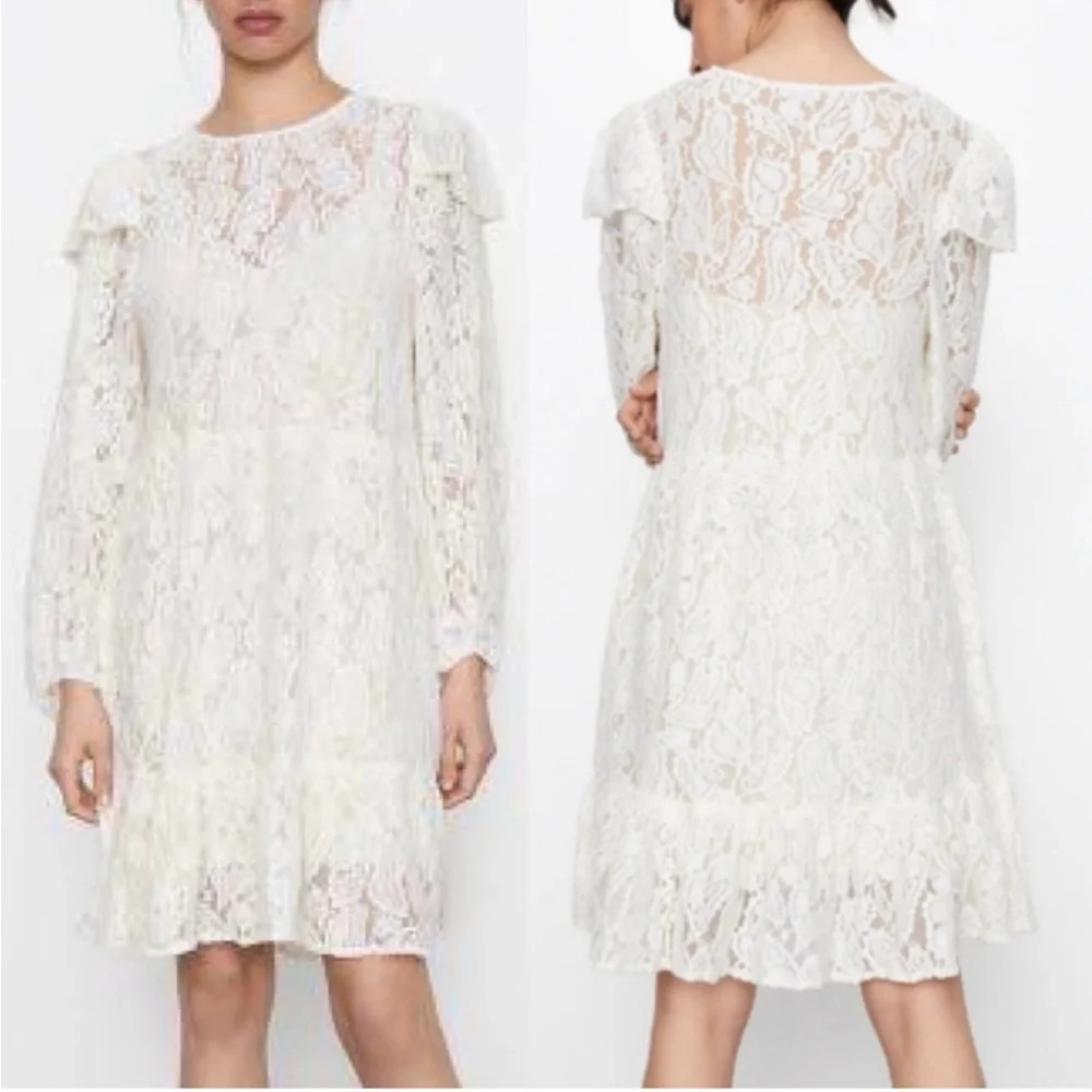 Zara Ivory Floral Lace Mini Dress Balloon Sleeve Ruffle Boho Wedding Guest M - Picture 4 of 16